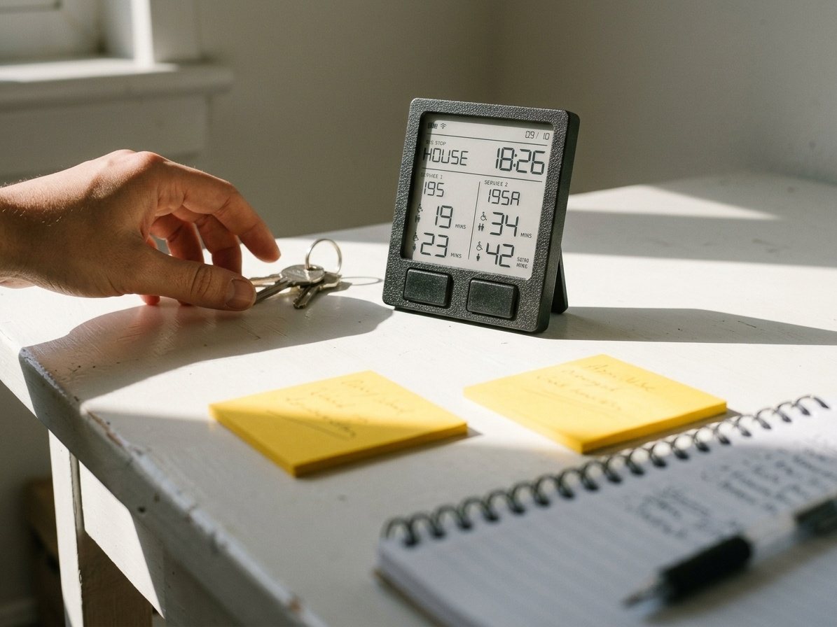 A hand reaching for keys beside the black BuzzStop on a sunlit desk, the display showing bus stop HOUSE at 18:26.